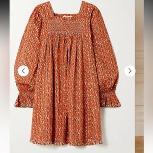 Doen Estee smocked orange print mini dress. Size M!